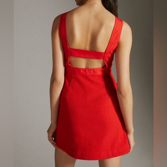 Anthropologie Maeve Scoop Neck Red Textured Pockets Mini Dress Size 6 - Picture 2 of 8